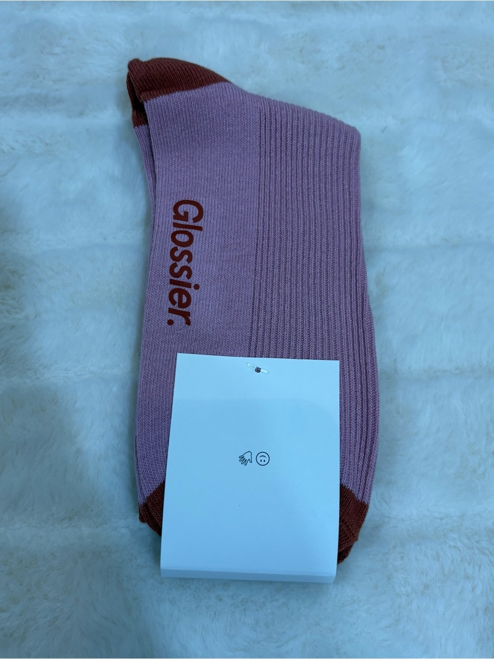 Glossier Pink Crew Socks with Brown Toe and Heel